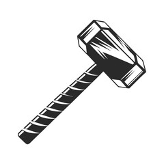 Stylized black and white illustration of a hammer with a faceted head and textured handle tool