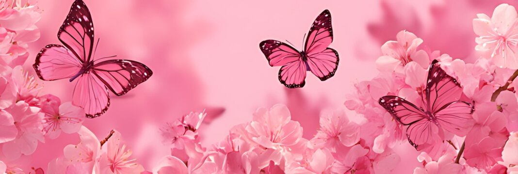 Pink butterflies flying around flowers in a beautiful garden scene - Powered by Adobe