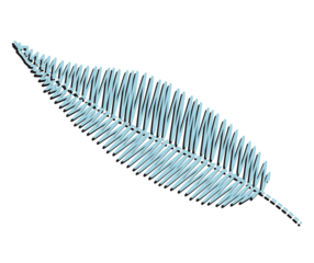Stylized illustration of a light blue fern leaf with detailed veins, isolated on a white background.