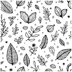 Delicate foliage pattern with hand-drawn leaves and botanical elements creates a naturalistic textured design ideal for various backgrounds