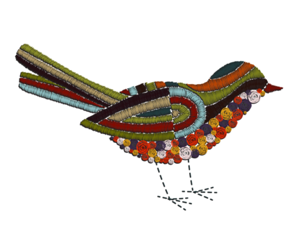 A stylized embroidered bird, colorful patchwork design, detailed feathers and body.