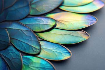 Obraz premium A stack of iridescent dragonfly wings showing intricate vein patterns, reflecting blue, green, and gold colors on a sleek background.