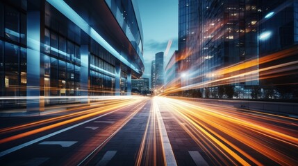 Light trails on the modern building background. Light trails at night in urban environment, Abstract Motion Blur City, traffic, transportation, street, road, speed