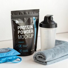Protein powder bag and shaker bottle with gym towel and wipes