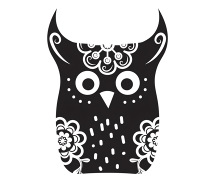 A stylized black and white owl illustration with decorative floral and swirl patterns. - Powered by Adobe