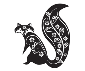 Stylized black and white fox illustration with ornate floral tail.