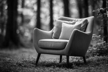 Elegant armchair with soft cushions placed outdoors amidst a serene forest, evoking a sense of tranquility.