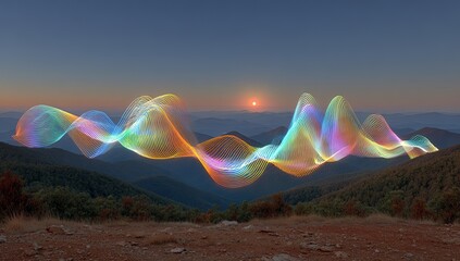 Colorful light trails dance over a mountain range at sunset