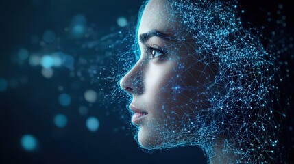 Side profile of a woman's face with a blue network overlay against a dark blue and black background