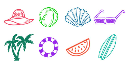 Summer themed doodles including hat ball seashell and more