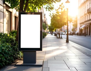 Blank Outdoor Advertisement Billboard in City Street Setting at Sunrise.