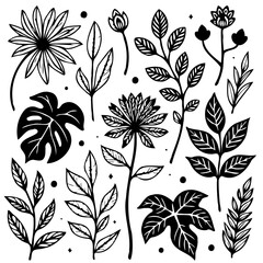 Elegant botanical vector elements showcasing various flower and leaf designs for modern graphic projects and decorations