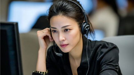 Expert call center agent providing customer service solutions office environment focused viewpoint on support