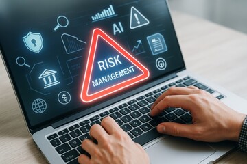 Risk management warning triangle on laptop screen with digital AI icons and business technology symbols in abstract light background concept.