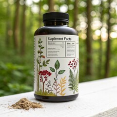 Herbal supplement bottle with botanical illustrations in a natural setting