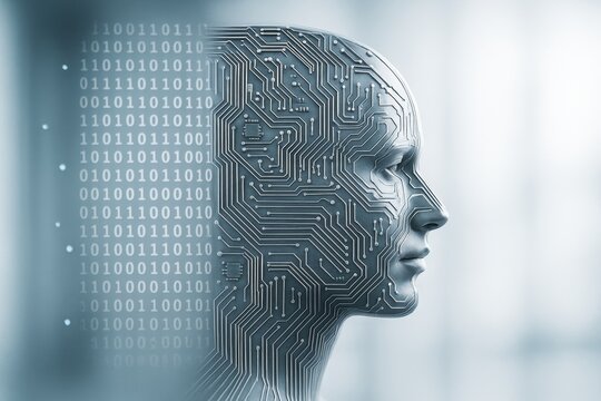 Futuristic human head integrated with circuit board and binary code on bright background symbolizing AI, tech evolution, and digital intelligence.