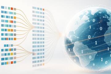 Digital data transfer concept showing global binary communication and color-coded charts on light background with technology theme concept.