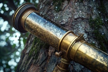 Obraz premium A vintage brass telescope leans against a weathered tree, reflecting stars, hinting at cosmic explorations and dreams of the universe.