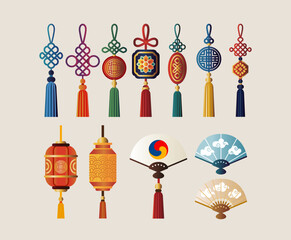 Korean traditional jewelry, Norigae. Paper fans, paper lanterns, lampshades. Korean holiday decorative elements.