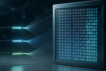 Digital binary data flowing into a monitor screen representing information technology and data transfer concept in a futuristic business background light style.