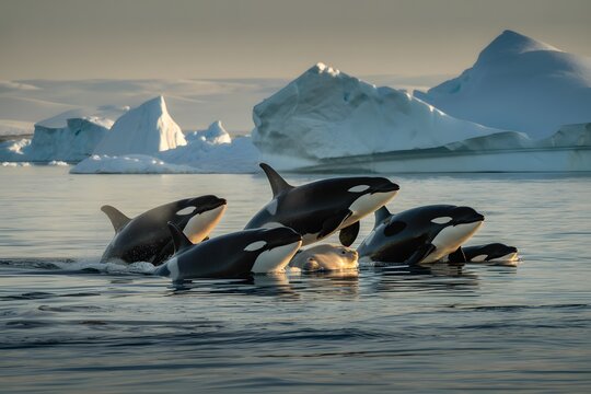 Pod of orcas swimming together in icy arctic waters at sunset