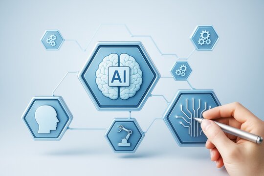 Artificial intelligence technology interface with human hand drawing digital circuit on blue hexagons background in abstract creative style. - Powered by Adobe