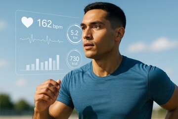 Athletic man jogging while viewing futuristic fitness data interface with heart rate, calories, and distance metrics displayed on light blue background. Ai generative