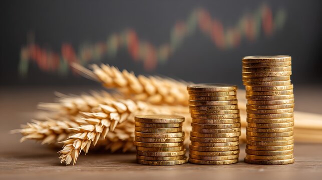 Awesome photo of currency fluctuation on commodities concept. Financial growth represented by wheat and coins on a table.