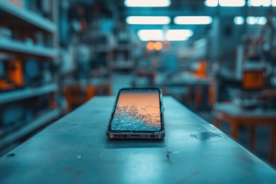 A smartphone with a cracked screen lays on a workbench in a shop, suggesting a repair or replacement situation.