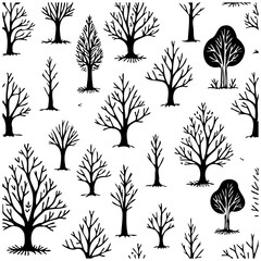 Monochrome trees silhouette pattern presents a minimalist woodland scene ideal for backdrop or graphic project use with detailed branches