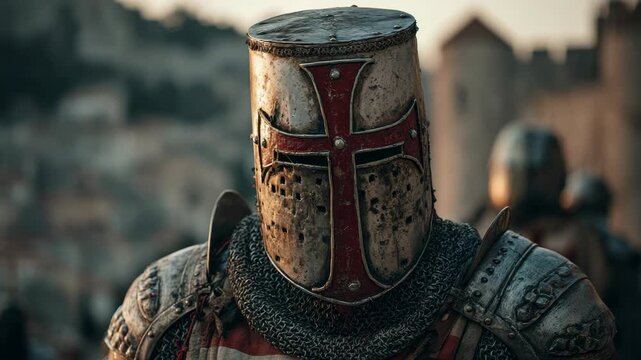 A medieval knight in battle-worn armor with a red cross helmet, captured in cinematic style, standing in a castle courtyard, symbolizing valor