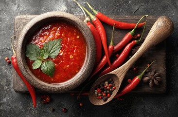 Spicy chili sauce in a wooden bowl, surrounded by red chilies, herbs, and spices on a dark surface