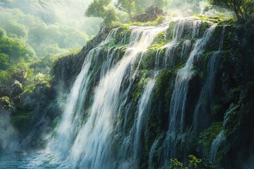 A stunning waterfall cascading down a mossy cliff face, surrounded by lush greenery and a misty atmosphere, creating a serene landscape.