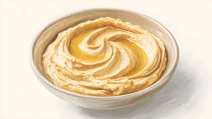 Watercolor illustration of the bowl of hummus in white background