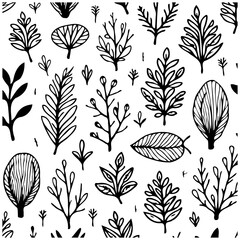 Monochrome botanical illustrations seamless pattern showcasing diverse leaves and branches offering a natural aesthetic design