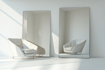 A modern, minimalist interior featuring a cream-colored armchair and two tall mirrors under sunlight, creating a bright and spacious atmosphere.