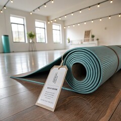 Rolled up yoga mat with tag in a bright studio space