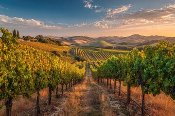 Fototapeta premium Panoramic vineyard landscape at sunset