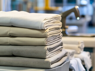 Neatly stacked clean fabrics in textile industry warehouse
