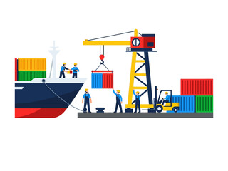Shipping Cargo Loading Process: A cargo ship docks at the harbor. Crane lifts container with workers coordinating the procedure with a crane and loading the shipment