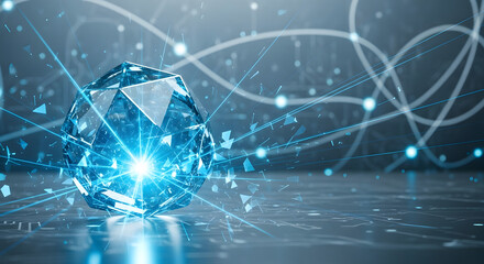 A glowing blue crystalline structure with abstract lines and particles, suggesting technology.