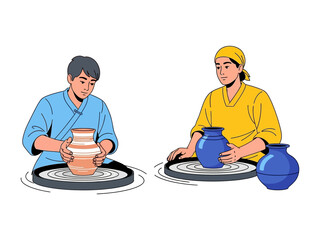 Crafting Ceramic Vessels: Two artisans engage in the traditional art of pottery, molding clay on spinning wheels to create elegant ceramic vases, capturing a timeless skill and creative process.