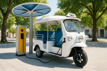 Electric auto rickshaw taxi charging at solar-powered station in urban park with trees and sunlight, innovative green transport concept. Ai generative