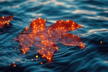 A glowing circuit board shaped like a leaf rests on calm, blue water with orange light.