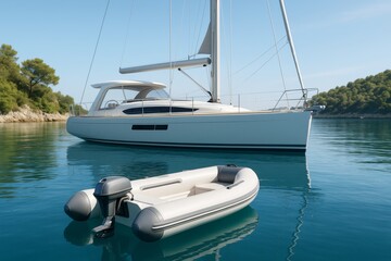 Inflatable dinghy with outboard motor floating near modern sailboat on calm blue sea with forested coastline in bright daylight background. Ai generative