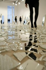 Broken mirror shards cover a gallery floor, with people walking
