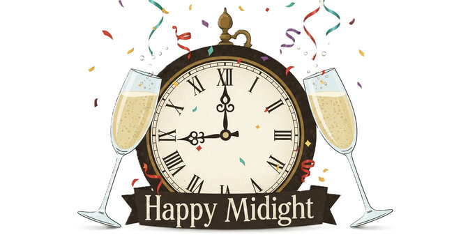 Vintage New Year postcard with clock, champagne glasses and festive garland on transparent background
