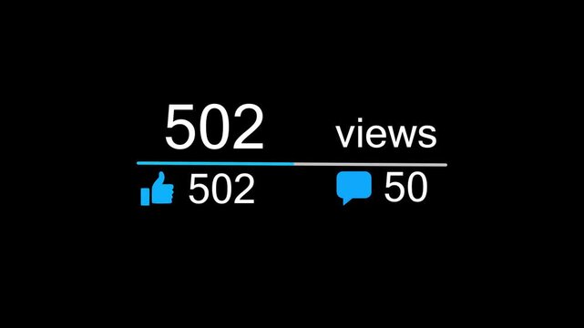 Youtube views and likes statistics. Post impression growing success counter rate. Blog engagement tracking. Interaction, comments and view analytics. Alpha channel transparent MOV video overlay