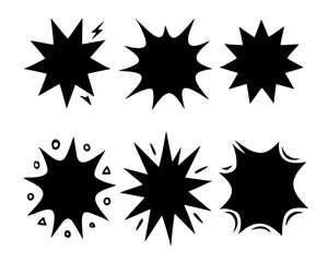 Versatile black starburst vector set featuring six unique badge and label shapes with sharp, decorative edges. Ideal for branding, packaging, and promotional design.