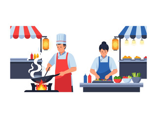 Street Food Vendors at Work: A dynamic illustration presents two street food vendors, one skillfully stir-frying fresh ingredients.